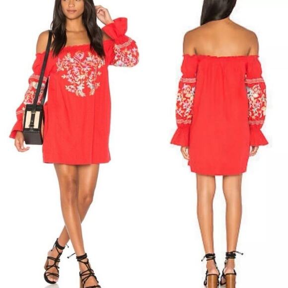 Free People Fleur Du Jour Red Floral Embroidered Off the Shoulder Dress Large - Picture 2 of 6